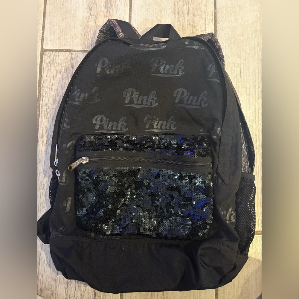 PINK Victoria's Secret Black Sequin large Backpack school travel Bag
